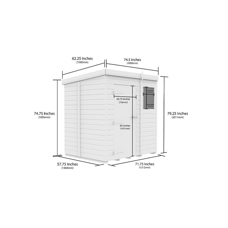 6ft x 5ft Pent Shed - Single Door with Windows