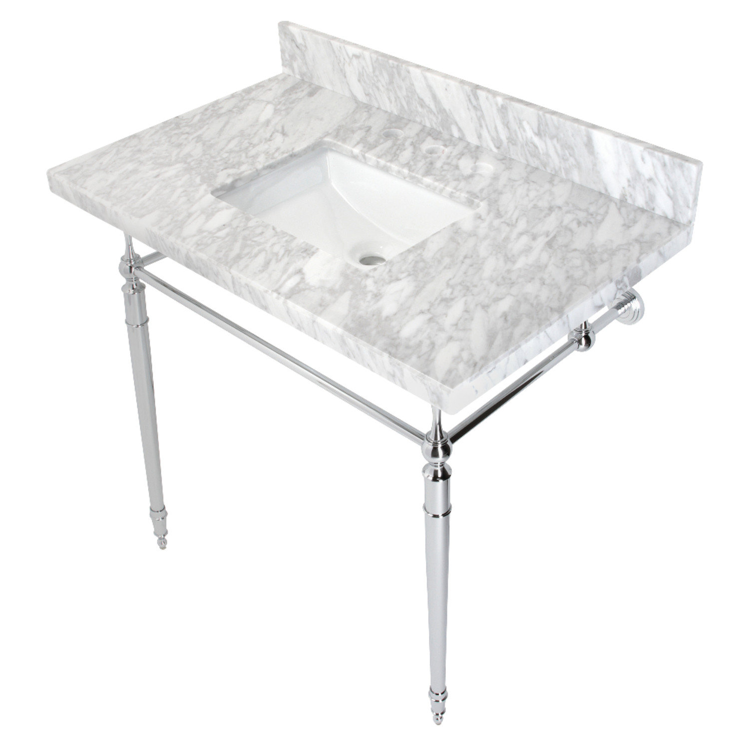 Kingston Brass Edwardian 36-Inch Carrara Marble Console Sink with Brass Legs (8-Inch, 3-Hole), Marble White/Polished Chrome