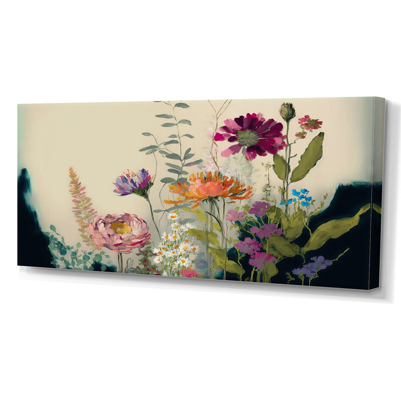 «Painted Blossoming Wildflowers I», reproduction d'art sur toile florale, Toile tendue, 16" H x 32" W