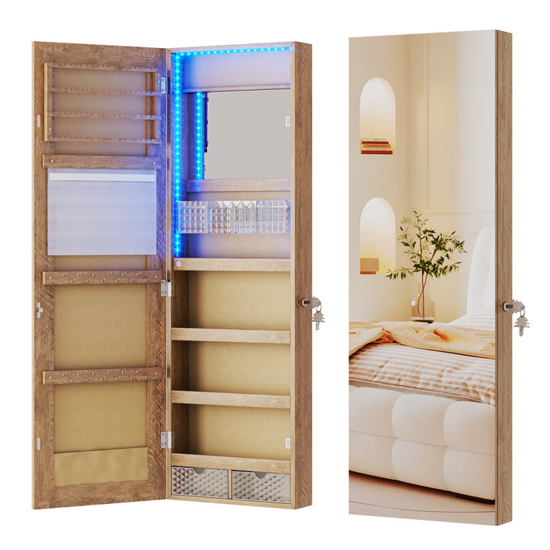 Jewelry Cabinets with Mirror and LED Lights, Door Hanging/Wall Mounted Jewelry Armoire, Oak