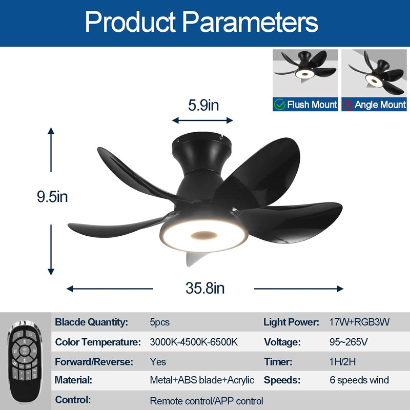 Ventilateurs de plafond encastrés avec lumières RVB, contrôle à distance / application, ventilateur de plafond à profil bas avec lumière, petit ventilateur à intensité variable RVB, réversible à 3 vitesses 6 pièces pour le salon de la chambre ?