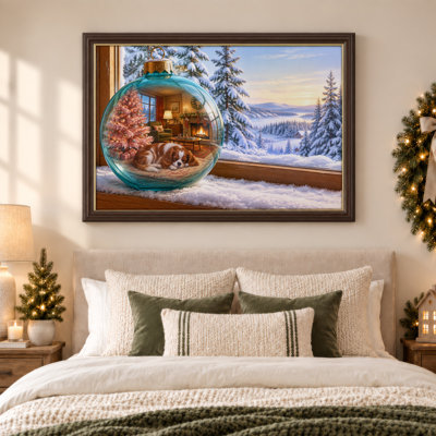 «Sleeping Dog» en ornement bleu sarcelle avec toile de Noël forêt enneigée