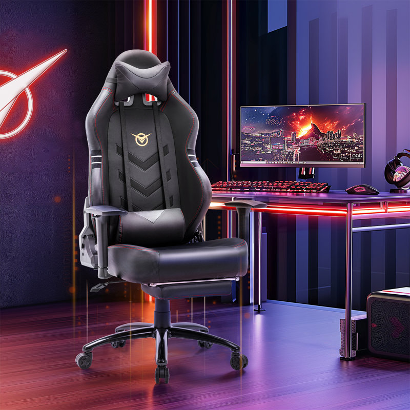 Danetta Big and Tall PU Leather Wide Back Reclining Ergonomic Gaming Chair with Retractable Footrest, Black