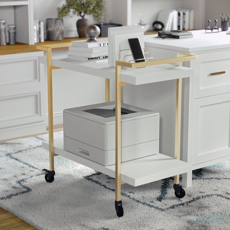 Martha Stewart Liam Mobile 2 Tier Home Office Printer Cart with Side Storage, Brass, White