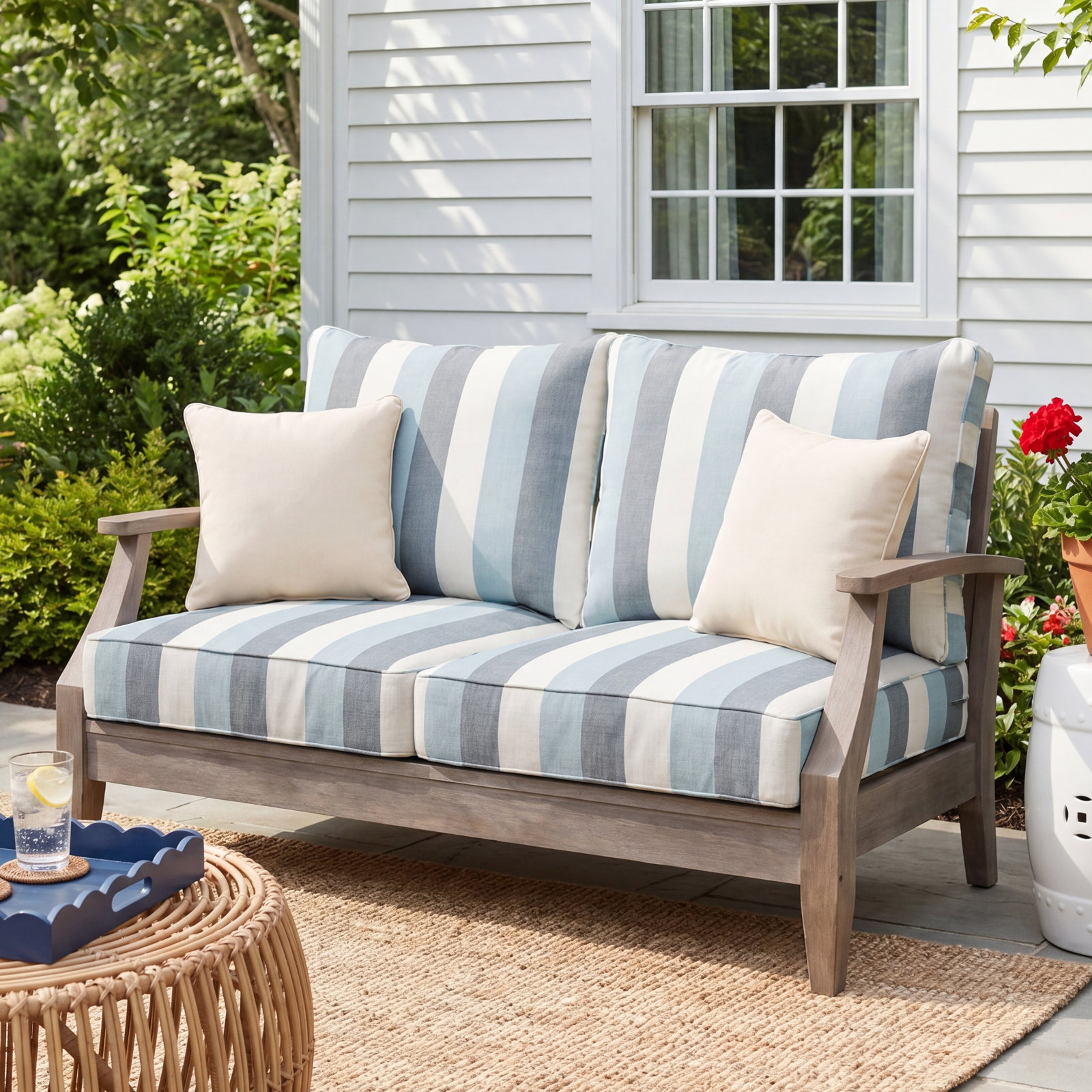 Striped Outdoor Loveseat, 27" W x 27" D, Blue Stripe Sunbrella®