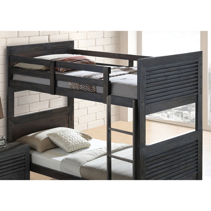 Lit simple superposé au-dessus de style transitionnel avec bois franc massif brun anthracite réversible, conception à lattes, tête de lit à panneaux et joint, bois franc de décoration de chambre à coucher avec brun et transformation en insert