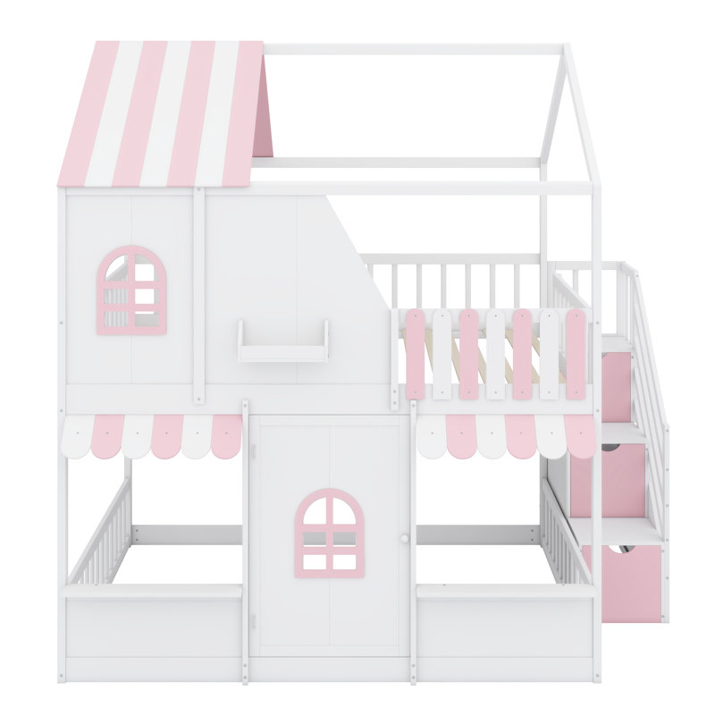 Lit superposé Kids Playhouse avec escalier de rangement intégré et tablettes ouvertes, White+Pink