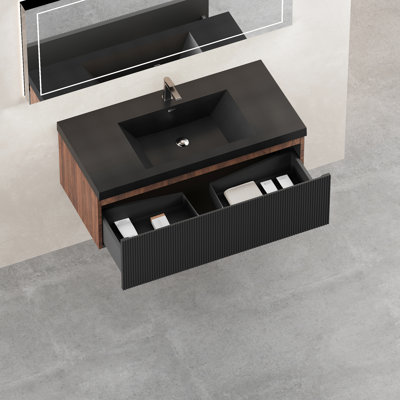 Meuble-lavabo de 42 po avec lavabo à sable en quartz, tiroir à fermeture en douceur, finition noyer fumé, tiroirs texturés à la vague, tampon silencieux, entièrement assemblé, lavabo d'installation encastré