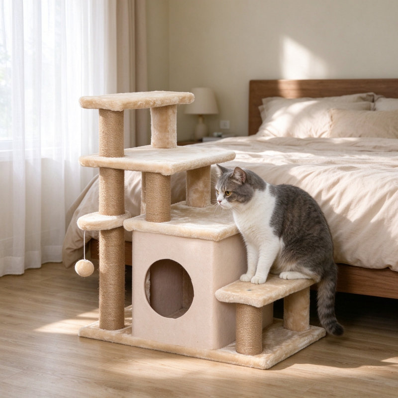 Adjustable Cat Steps with Cat House & Hanging Toy Ball, Beige