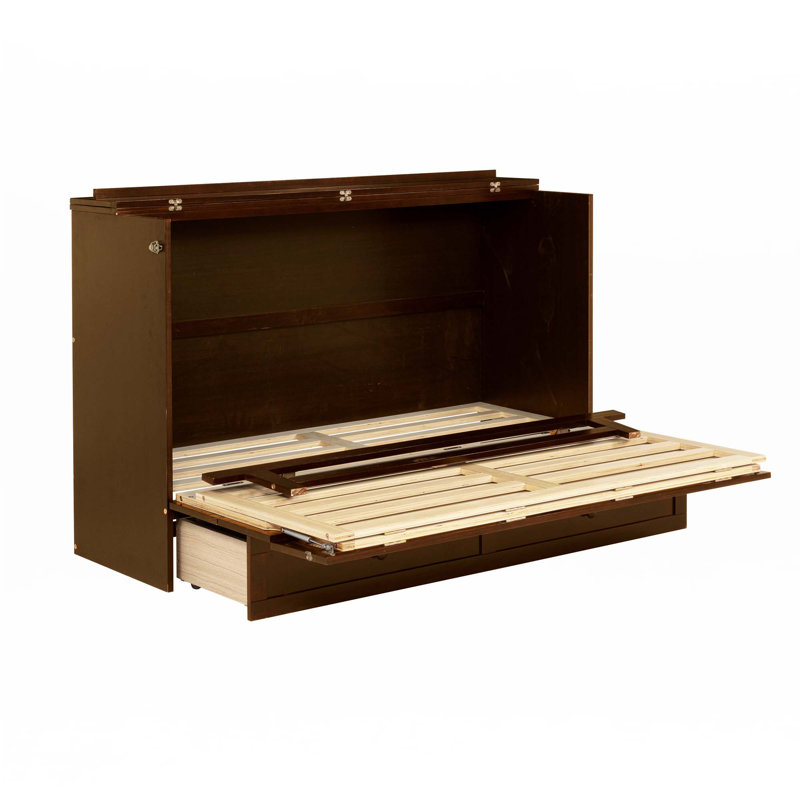 Grand lit escamotable, armoire-lit en bois de pin avec décoration en rotin et tiroir de rangement, Noyer