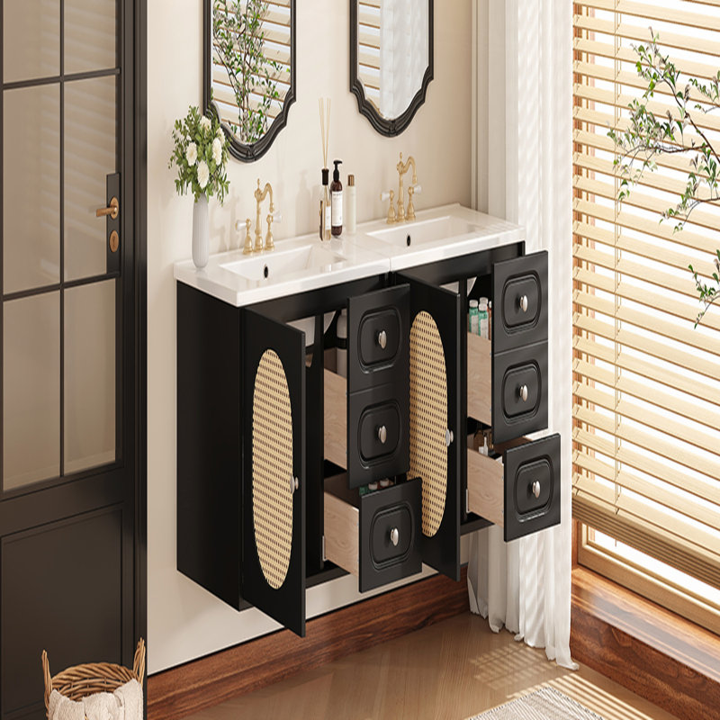 Meuble-lavabo Mid-Century avec lavabo en céramique, 2 tiroirs et grand espace de rangement pour les salles de bain modernes