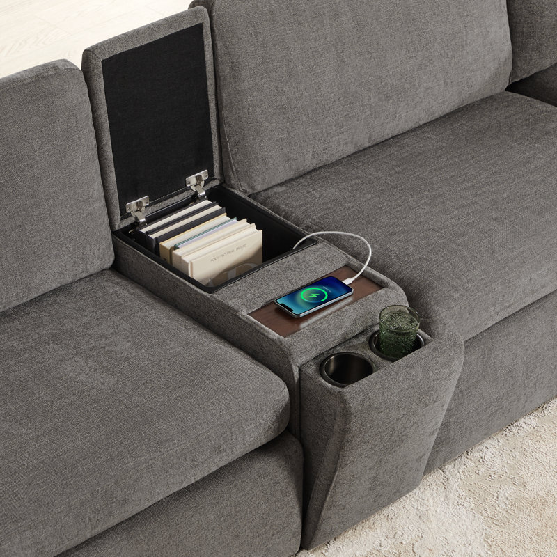 Winfree 4- Piece Upholstered Sectional With Console, Fossil Gray Polyester