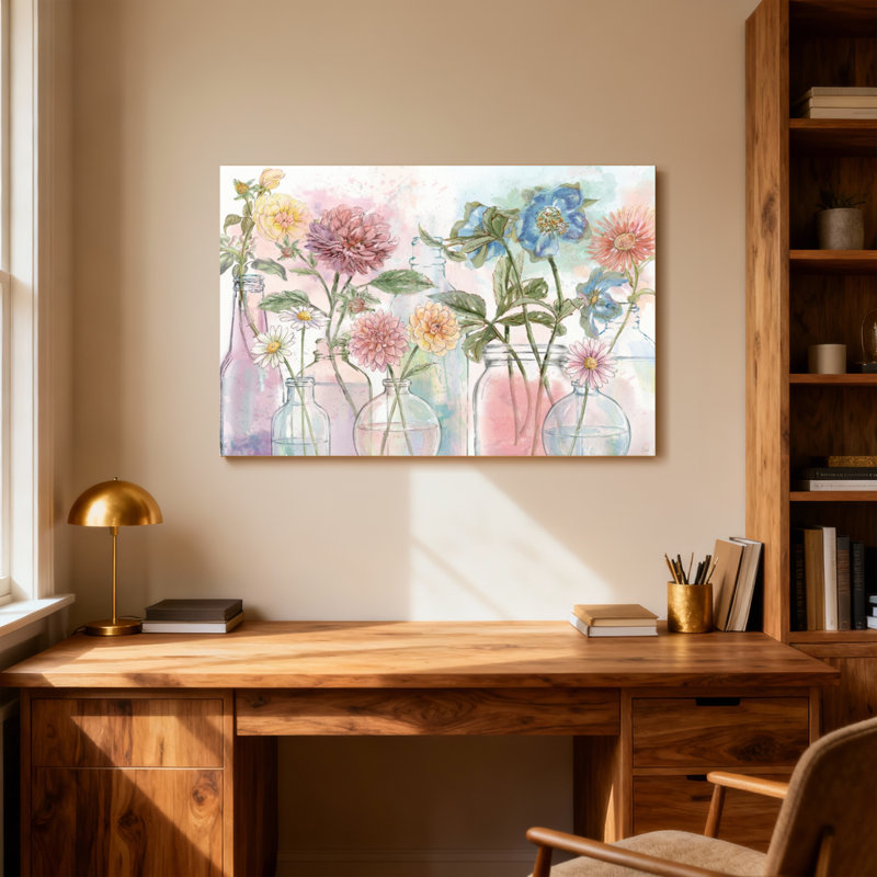Arrangement floral de plantes et de fleurs dans des bouteilles en verre, style aquarelle, H 16 po x l 24 po