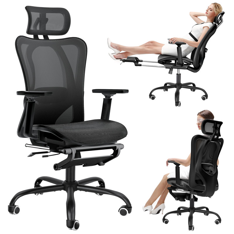 Ergonomic Breathable Mesh Office Chair with Headrest and Flip-Up Arms and Footrest E, Black