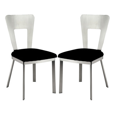 2Pc Metal Chairs With Black Microfiber Padded Seats Silver Dining Seating
