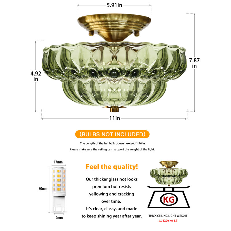 Plafonnier semi-encastré 3 lumières en verre vert, Vert