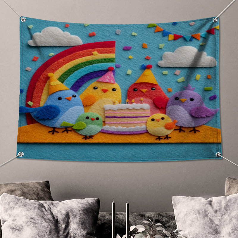 Colorful Birds Party Wall Tapestry - Birds Wall Decor, 68in H x80in W with 4 Grommets