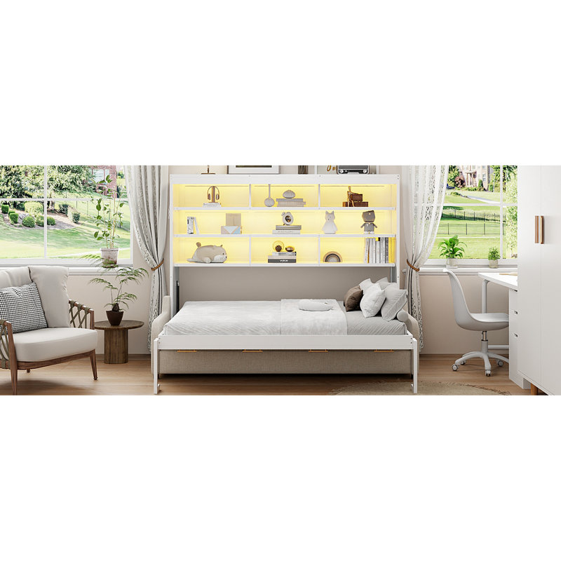 Lit double pleine grandeur avec tablettes de rangement et lumières à DEL douces, parfait pour l'espace, Grand lit