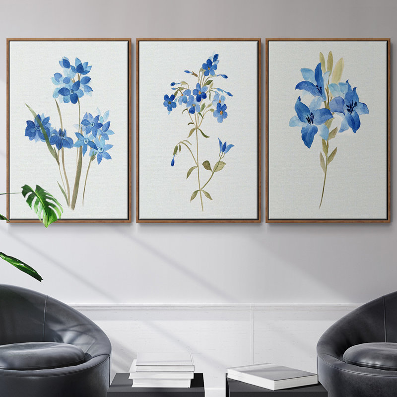 " Blue Blossom Botanical I " 3 - Pieces, Walnut, 27" H x 54" W