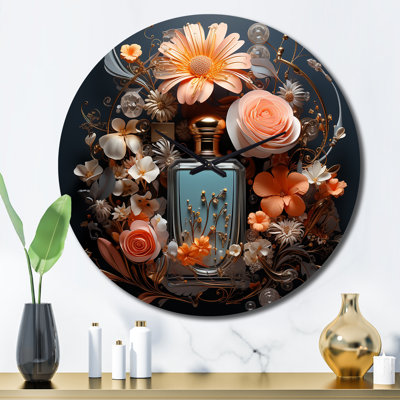 Horloge murale en forme de bouteille de parfum avec fleurs roses
