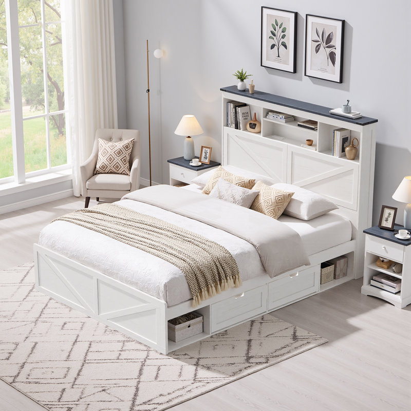 Farmhouse Full Size Bed Frame With 52" Tall Storage Headboard And Led Light, Wood Platform Bed Frame With 4 Drawers And Charging Station,Wood Slats Support,No Box Spring Needed
