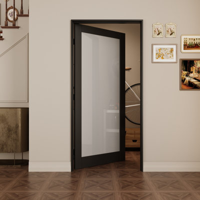 Interior 1‑Lite Black Frame & Frosted Glass Door, CARB P2 MDF Prehung Door with SGCC Tempered Glass, with Jamb Kit, Seal Strip, Black Hinges & Right Hand Inswing, Pre‑Finished & Scratch‑Resistant, Pantry, Bedroom, Bathroom & Closet, 36"x 80"