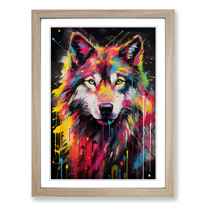 XYZ-FRM-V1223-1686 Wolf Abstract - Single Picture Frame Print on Wood, 34cm H x 25cm W x 2cm D, Oak