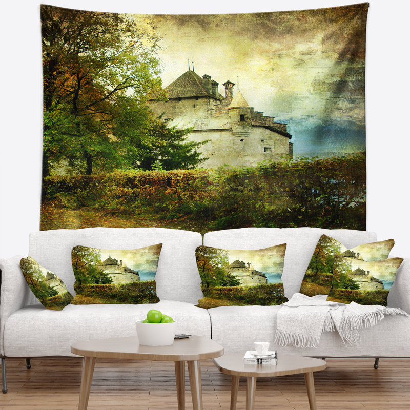 Paysage tapisserie du château de chillon, H 32 po x l 39 po