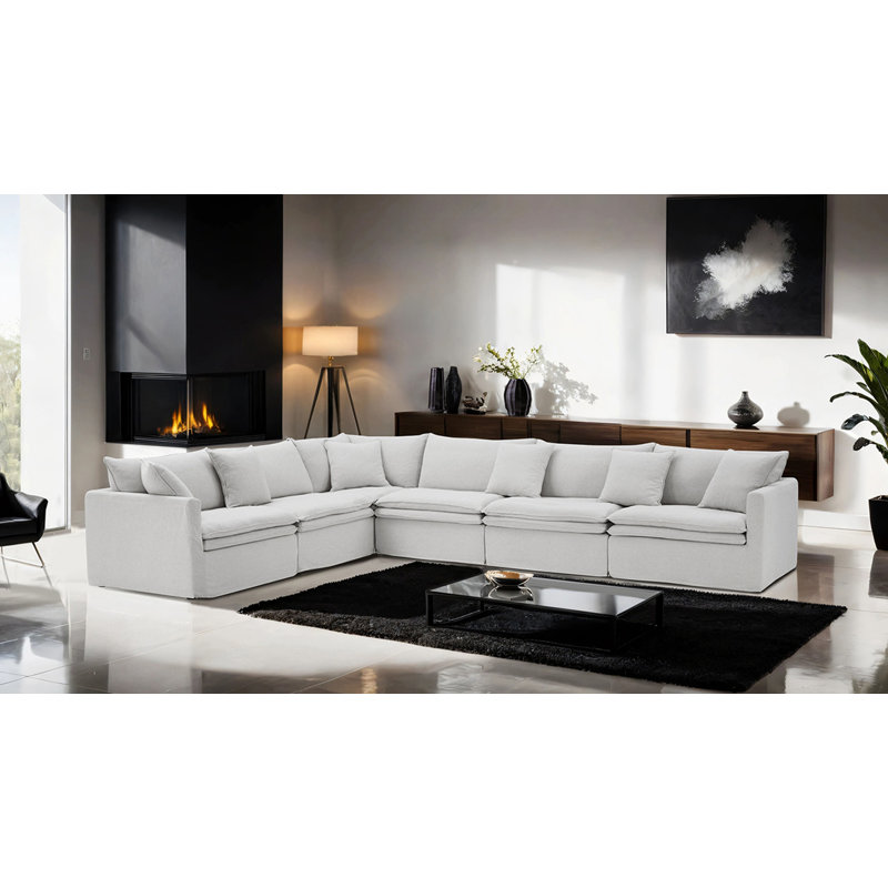 Canapé modulaire en L 155,4 po transitionnel, gris clair, Lin gris