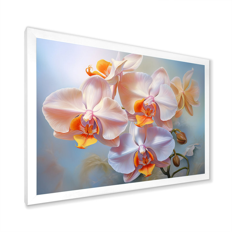 " Peach Orchids Romantic Impression IV ", White Picture Framed, 34" H x 44" W x 1.5" D