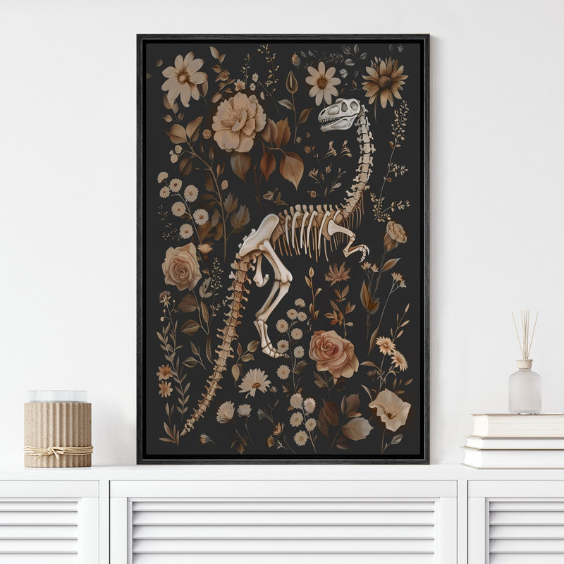 Peinture de botanique crâne de dinosaure Moody, Noir, H 24 po x l 16 po