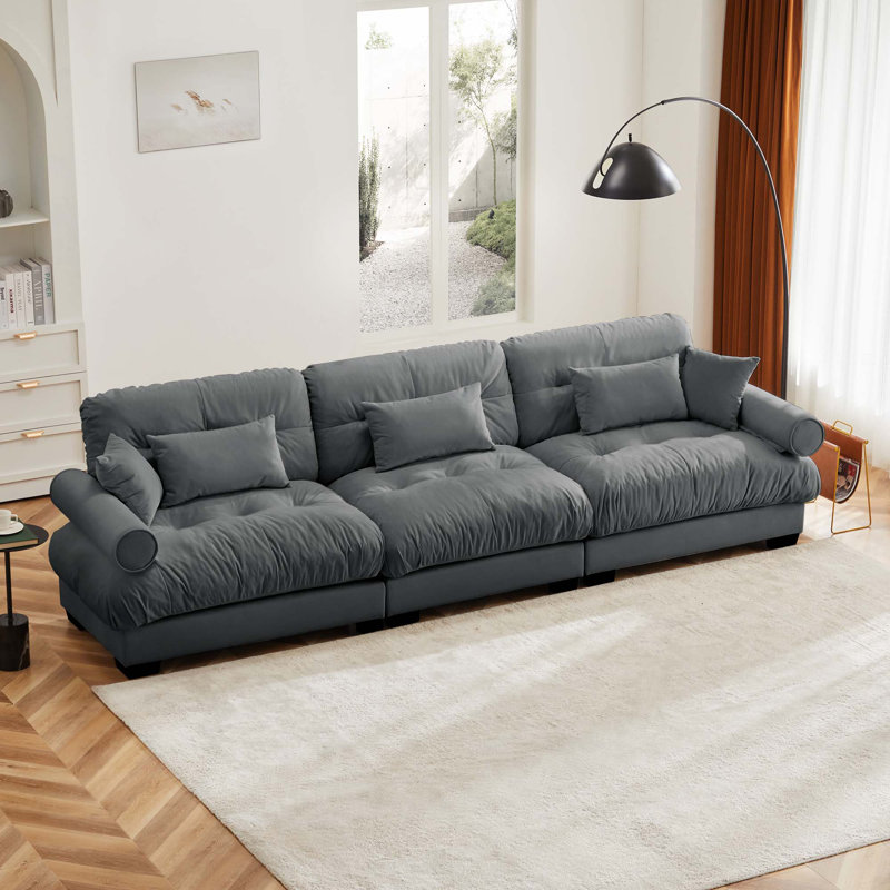 CanapÃ© moderne extra-large avec coussins de soutien et coussins dÃ©coratifs, Velours gris velours, 35" H x 130" W x 37" D