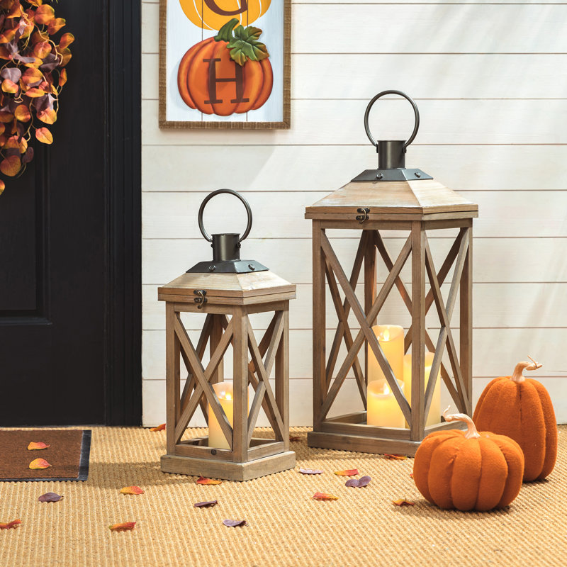 Wood and Metal Indoor and Outdoor Tabletop Lanterns (Set of 2), Brown