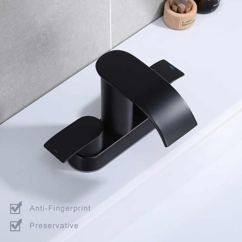 Matte Black Waterfall Bathroom Sink Faucet – 2-Handle Faucet with Metal Pop-Up Drain