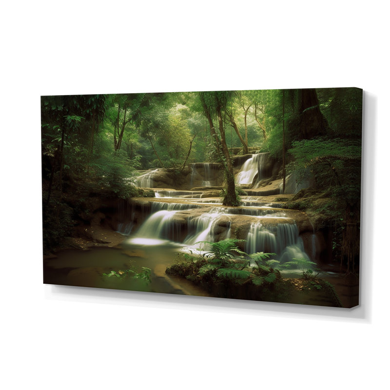 «Waterfall In Dense Forest II - Landscape Mountains», reproduction d'art