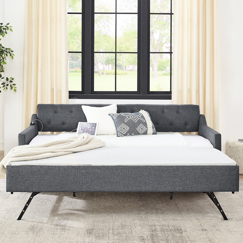 Lit de jour simple rembourré avec dossier à boutons, accoudoirs ondulés, couchette multifonctionnelle, conception de charge, capacité de poids de 300 lb, matériau en lin gris, matelas de 6 po recommandé, 13 lattes,