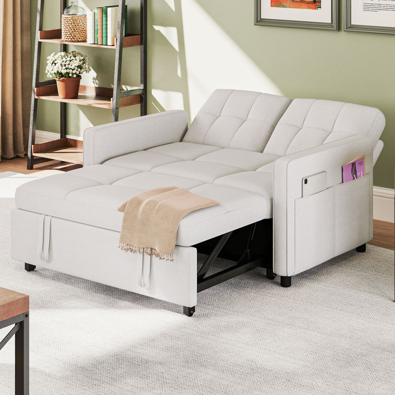  Canapé-lit convertible capitonné de 55 po de largeur avec dossier inclinable et poche latérale, Beige