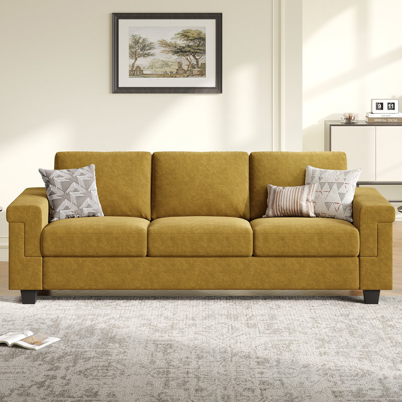 Canapé en polyester à accoudoirs carrés Dereon, H 32,7 po x l 90 po x P 35 po, Jaune