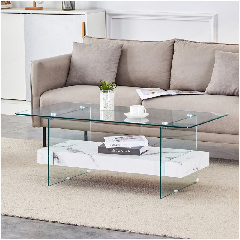 Table basse rectangulaire flottante double couche, pieds en verre blanc, pieds en verre blanc, Blanc