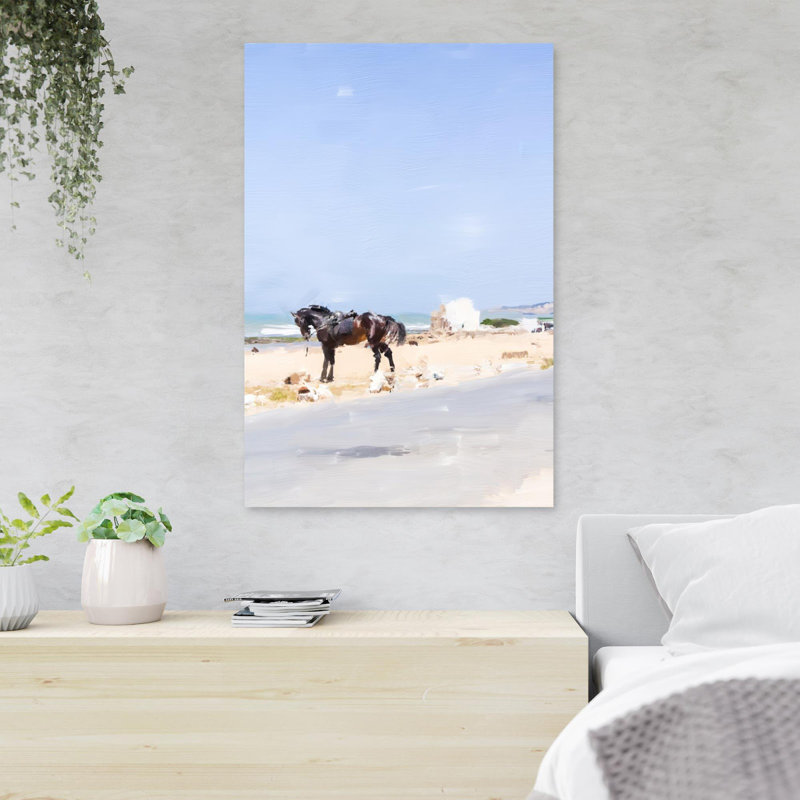 Cheval brun sur la plage pendant la journée 1 - 1 pièce, reproduction d'art graphique sur toile tendue, H 14 po x l 11 po