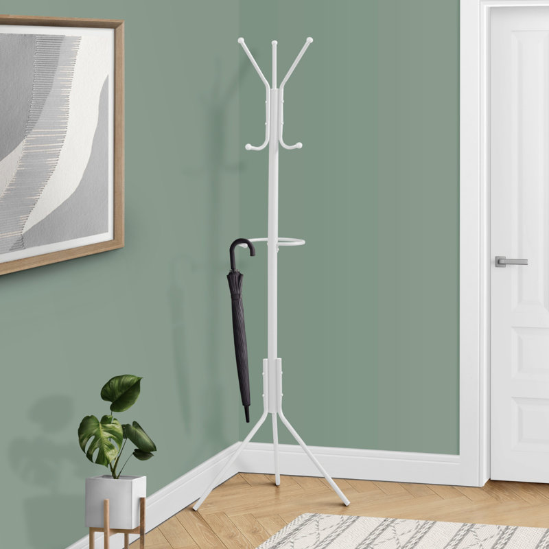 White Metal Free Standing Coat Rack With 6 Hooks And Umbrella Holder, Ideal For Entryways And Small Spaces, White