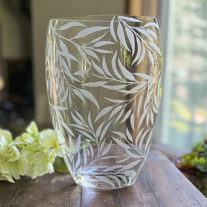 12" Frosted Leaf Pattern Oval Crystal Table Vase