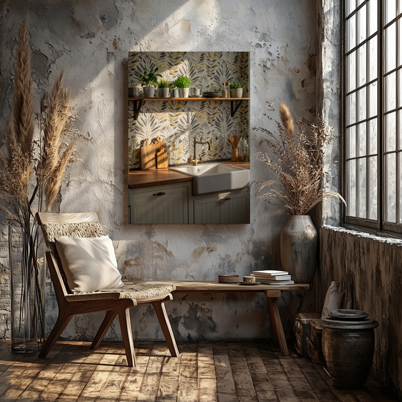 Toile «A Cosy Scandinavian Kitchen» avec un papier peint texturé avec de grands motifs de feuilles murales dans de douces teintes de gris et de blanc, art mural sur toile