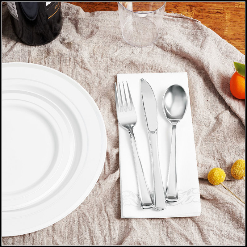 Durable Gold and Silver Plastic Tableware Set for Large Gatherings, Reusable and Elegant for 50+ Guests