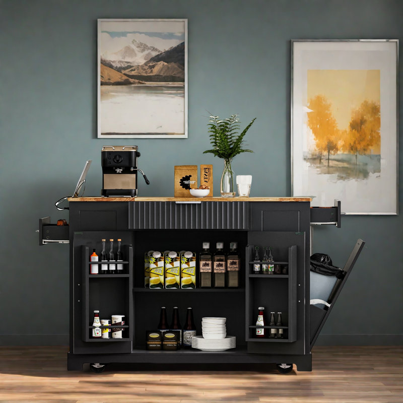 Fluted Rolling Kitchen Island With Trash Can Storage Cabinet, Power Outlet, Internal Storage Rack, 3 Drawers, 3 Open Side Racks