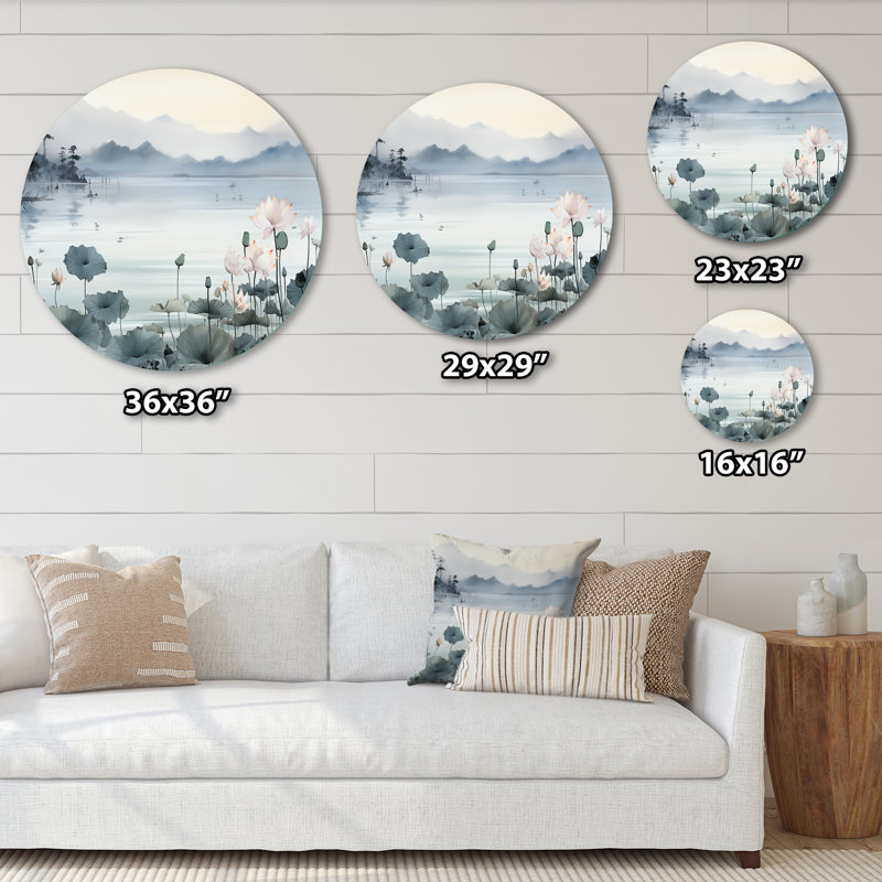 Art asiatique, lac encre I - personnes, art en métal rond, H 16 po x l 16 po
