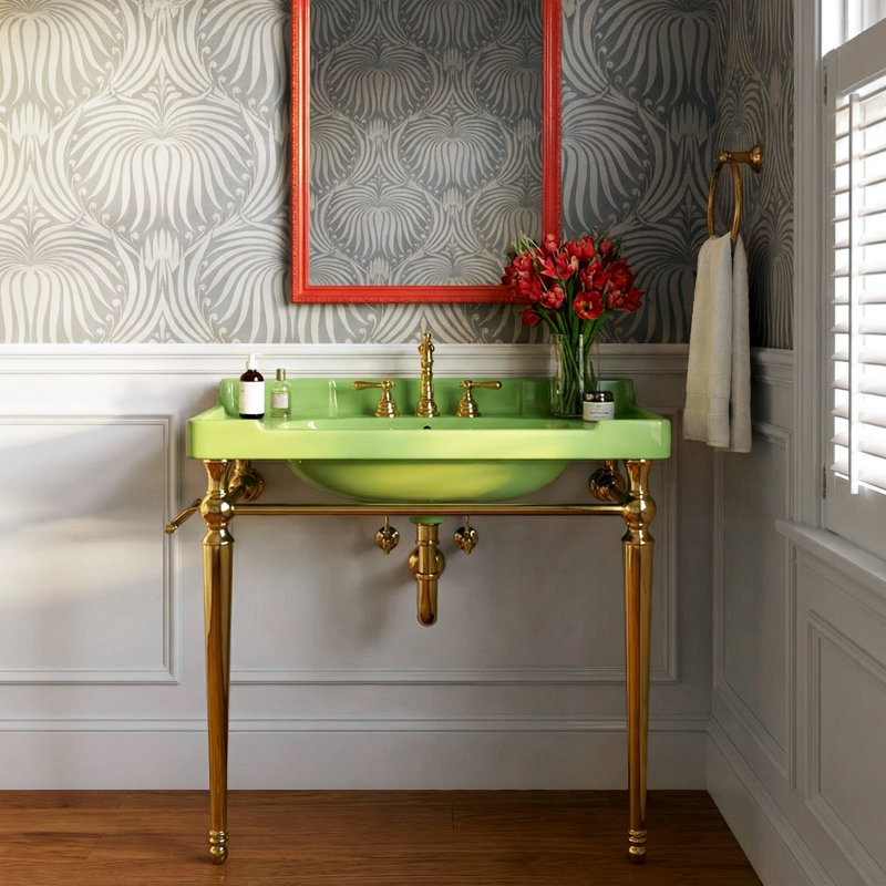 Lavabo mural en céramique avec pieds en acier inoxydable Corbin, Vert, Gold, 36"