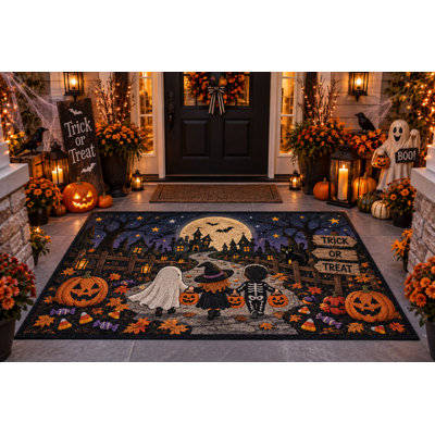 5' x 7' Halloween Outdoor Area Rug, Ghostly Tea Party Village, Heavyweight Solid Waterproof PVC Coil Loop Carpet, Heavy Duty Quick-Dry Indoor Outdoor Mat for Porch, Deck, Balcony and Entryway