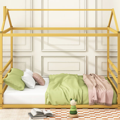 Queen Metal House Shape Gold Bed - And Elegant Bedroom Centerpiece Piece Platform Stylish Sleeping Surface