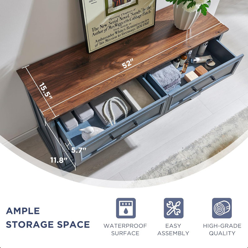Blue and Brown 52" Farmhouse 6-Drawer Dresser with Rustic Wood